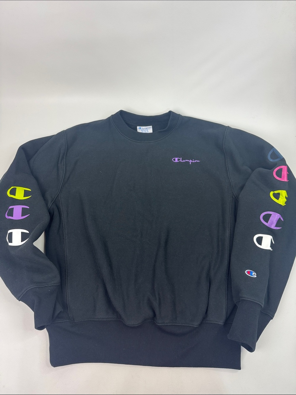Vintage Champion Black Crewneck Sweatshirt Multicolor Logos Medium Reverse Weave